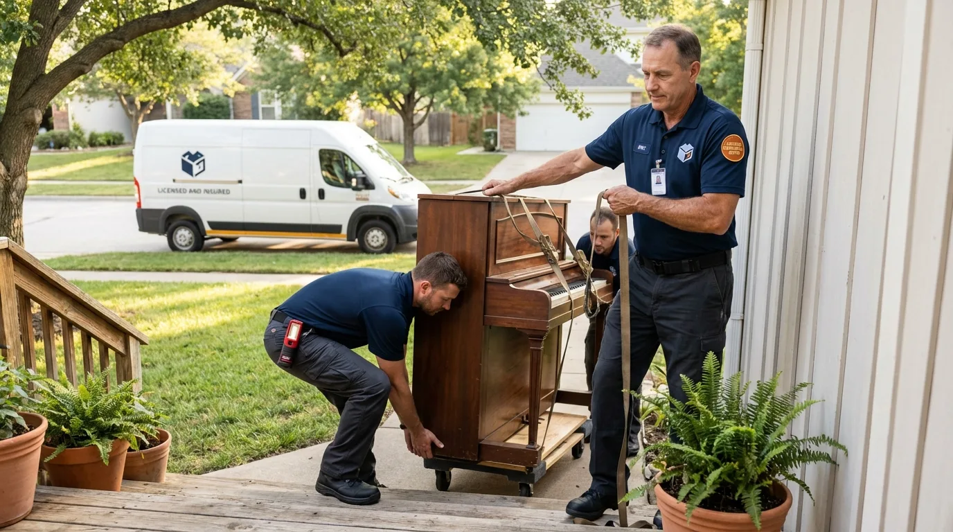 Licensed piano movers securing grand piano in Jamestown, OH