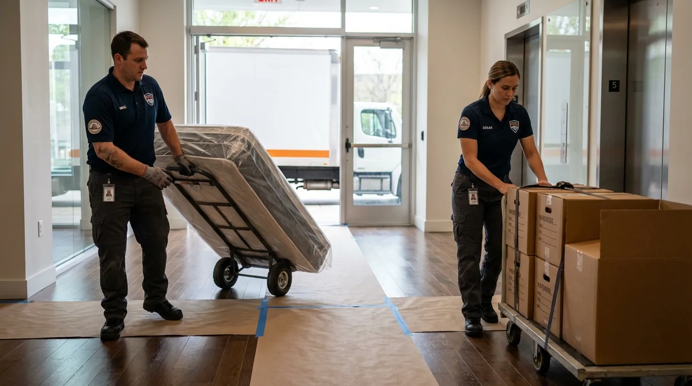 Professional apartment movers loading elevator in Jamestown, OH